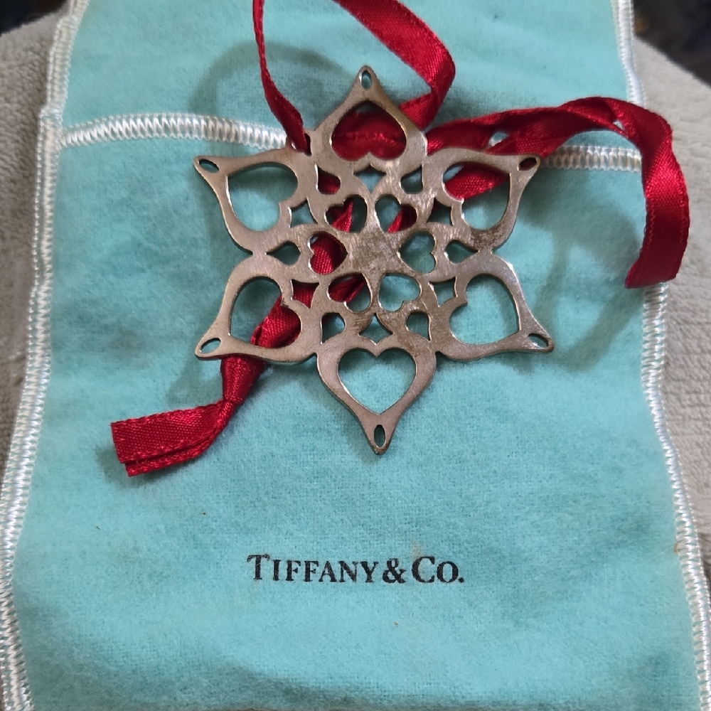 Tiffany & Co. Silver Heart Snowflake with Red Ribbon